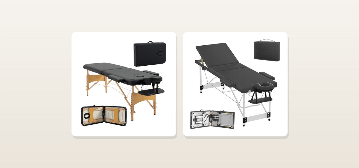 Table de massage en bois NAYA et table en aluminium AERO