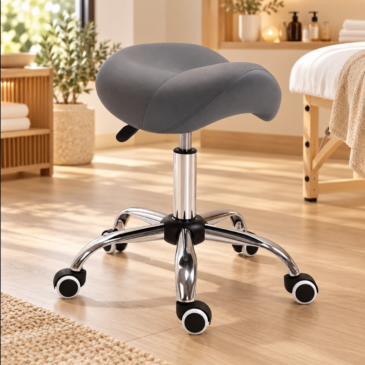 Tabouret selle gris près d'une table de massage