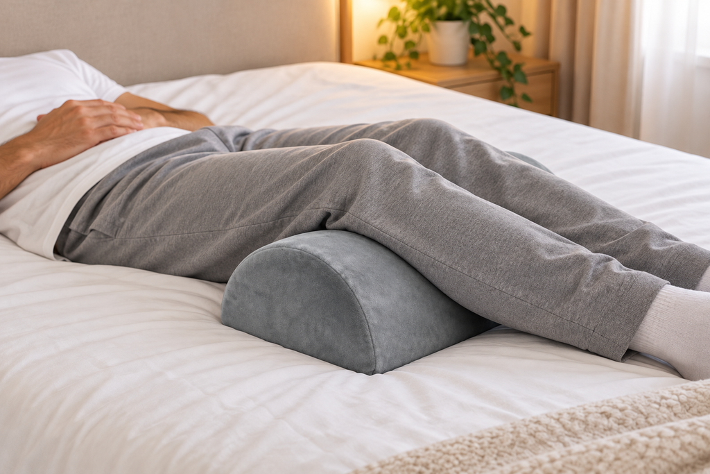 Coussin demi-lune sous les jambes, au lit