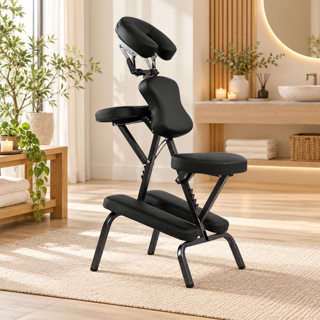 Chaise de massage pliante noire avec têtière, appui-poitrine et accoudoir