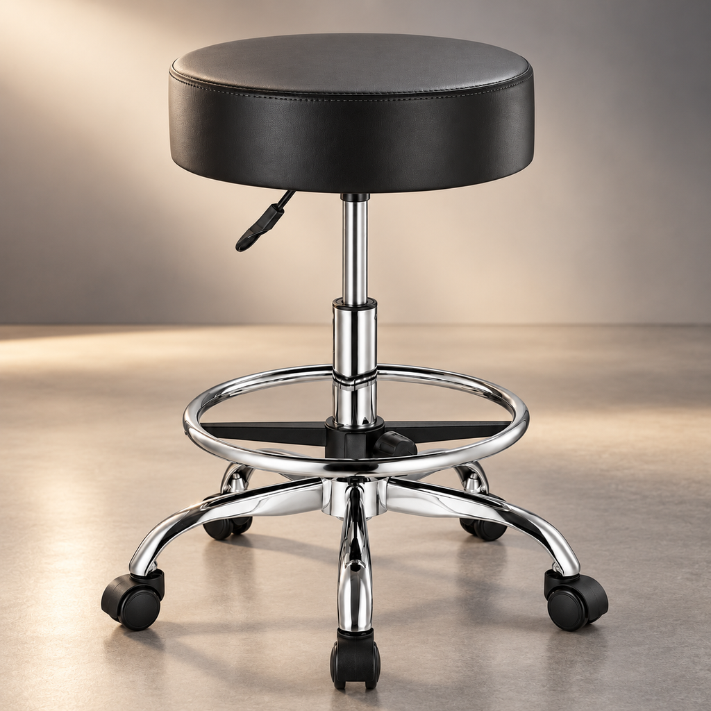 Tabouret rond à roulettes noir, assise épaisse et repose-pieds chromé