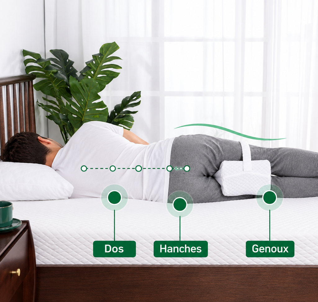 Coussin genoux et sangle, en position de sommeil sur le côté