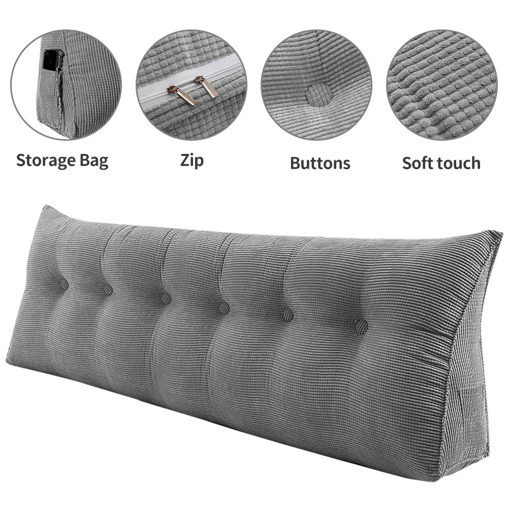 Détails du coussin de dossier long : poche de rangement, fermeture éclair, capitons, tissu doux