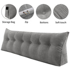 Détails du coussin de dossier long : poche de rangement, fermeture éclair, capitons, tissu doux