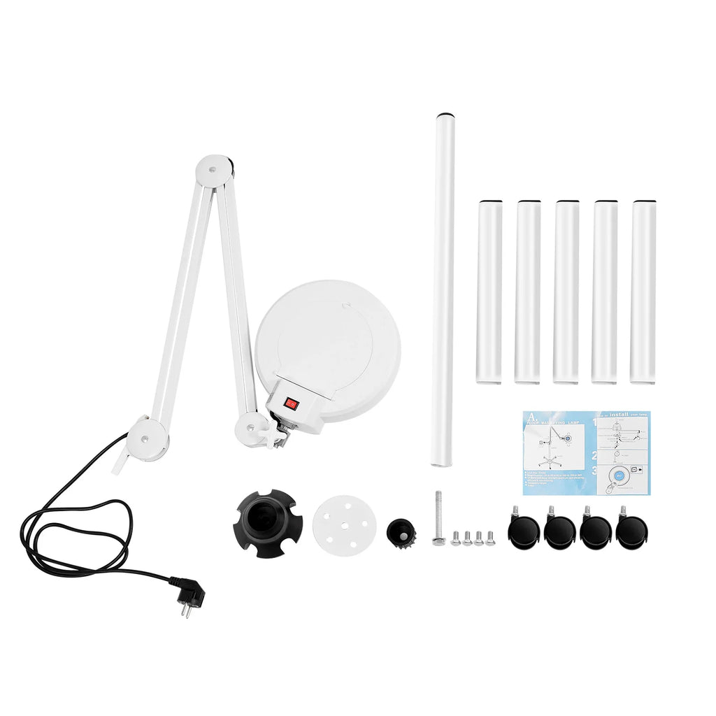 Contenu du colis de la lampe loupe : tête, bras, tige, base et 5 roulettes