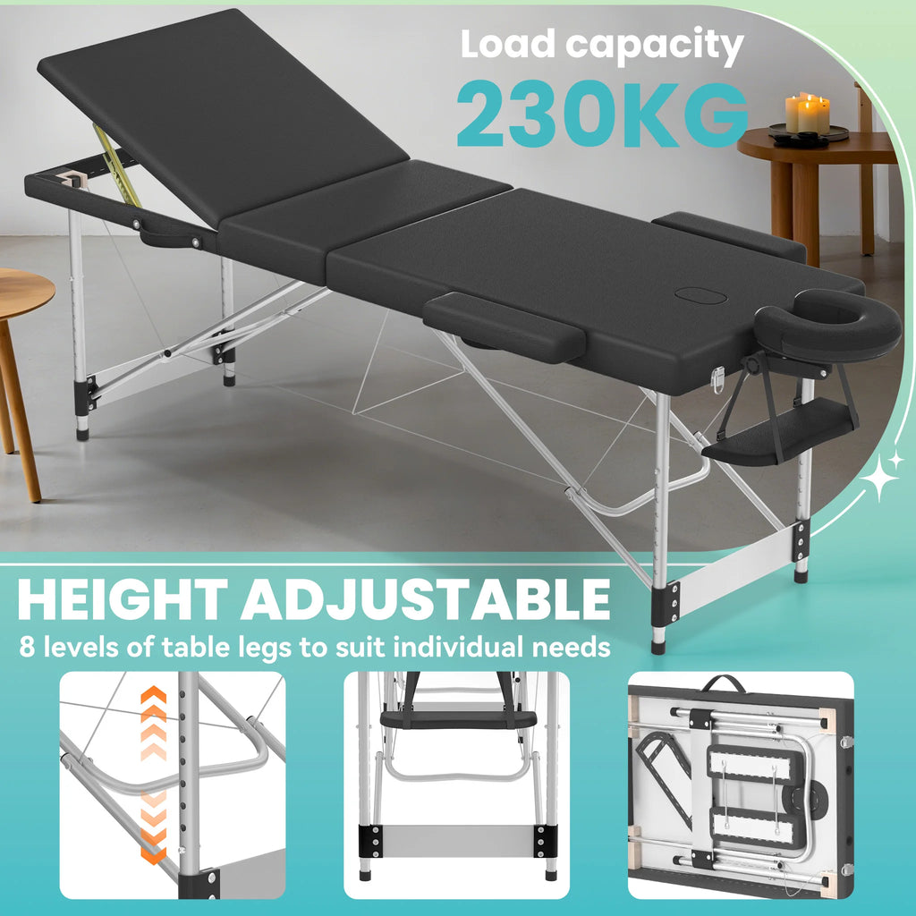 Folding Massage Table with Armrests and Headrest, Portable Massage Table Height-Adjustable 62-83 cm, Lightweight Aluminium Frame, 230 kg Load Capacity, Mobile Salon Bed for Therapy, Spa, Massage and Home Beauty