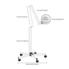 Dimensions de la lampe loupe : bras 47 cm, tige 70 cm, base 60,5 cm, loupe 12,5 cm