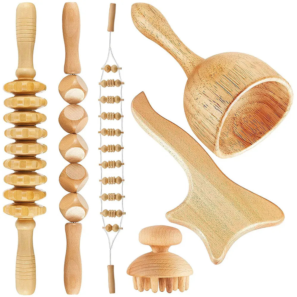 Kit de madérothérapie 6 pièces en bois : 3 rouleaux, ventouse, spatule et champignon