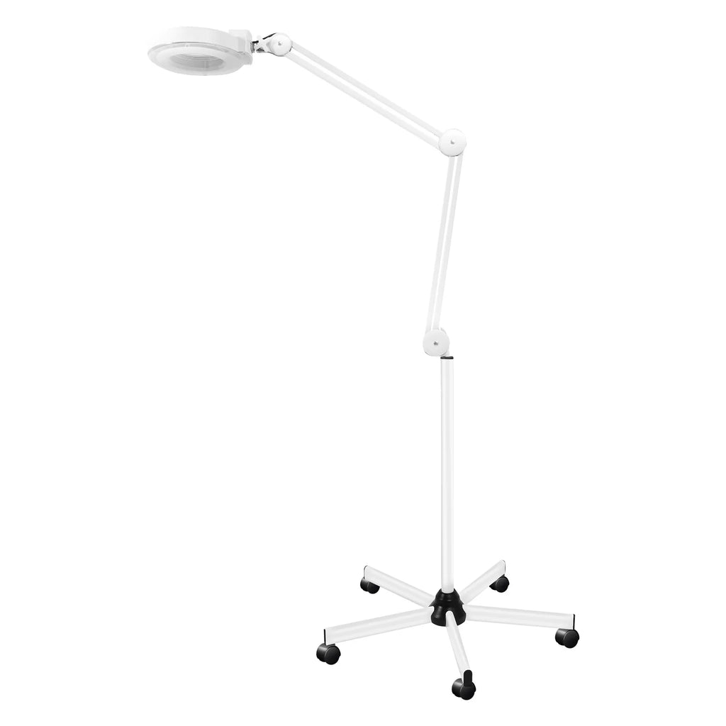 Lampe loupe sur pied, bras articulé déplié