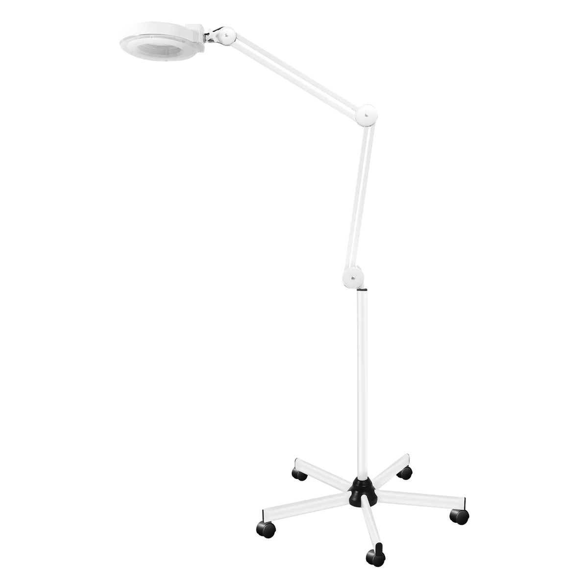 Lampe loupe sur pied, bras articulé déplié