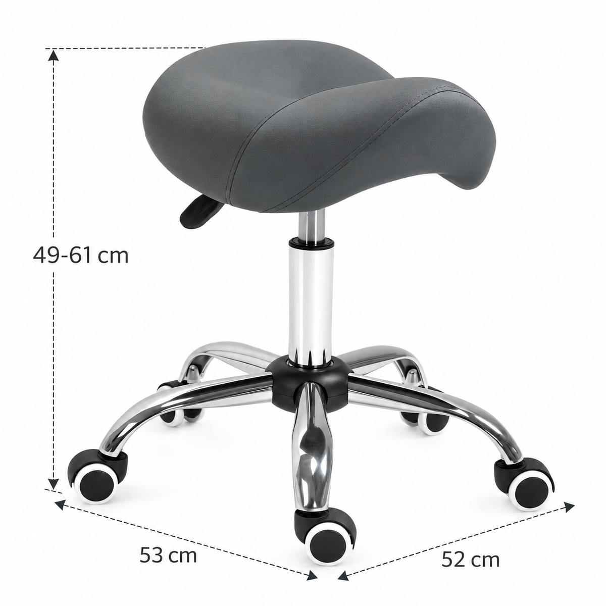 Dimensions du tabouret selle : 52 × 53 cm au sol, hauteur de 49 à 61 cm