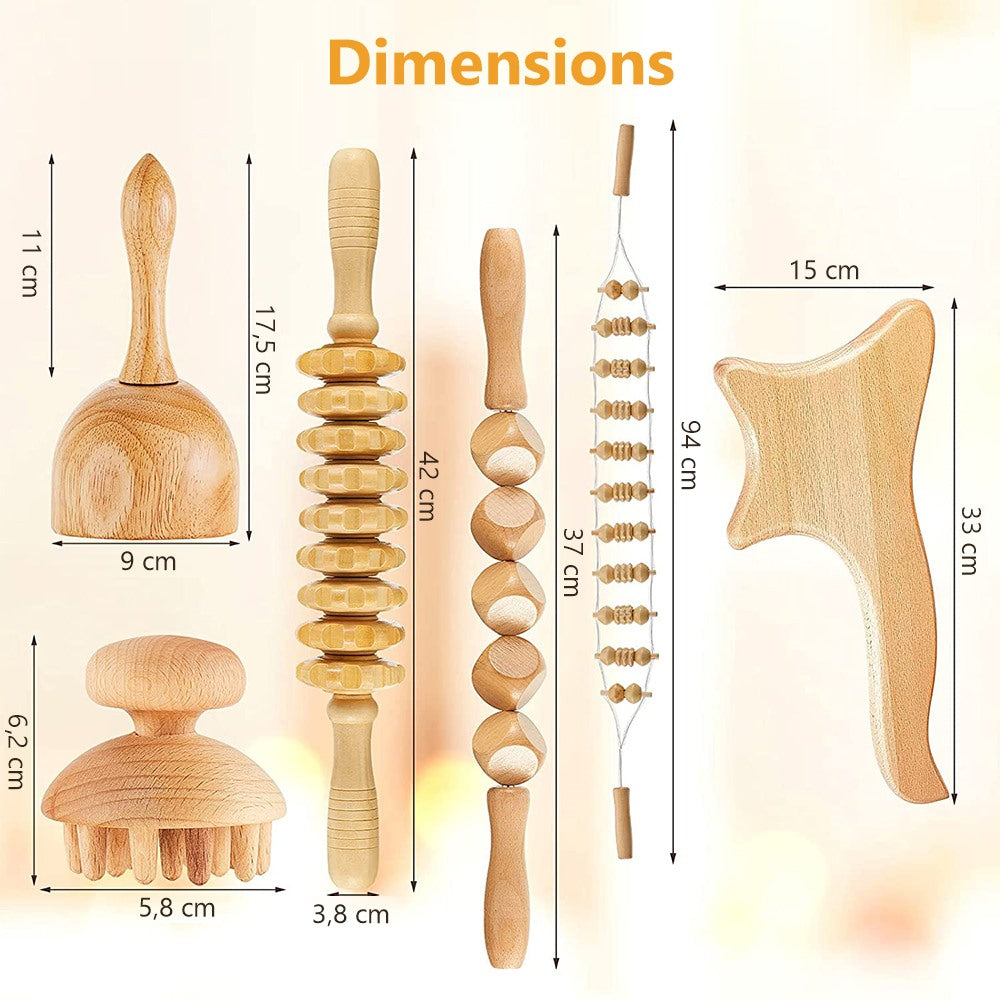 Dimensions des 6 pièces du kit de madérothérapie, en cm