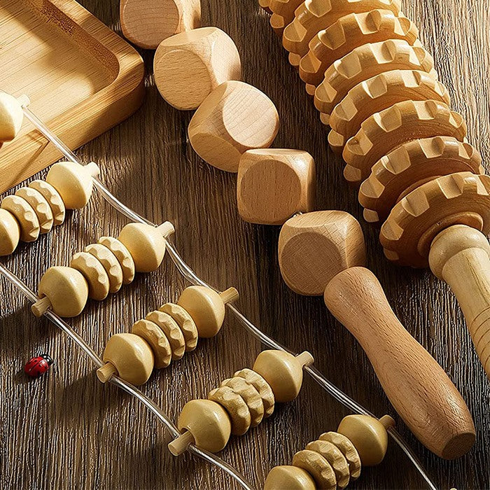 Rouleaux en bois du kit : rouleau à cubes, rouleau à 9 roues et rouleau à cordon