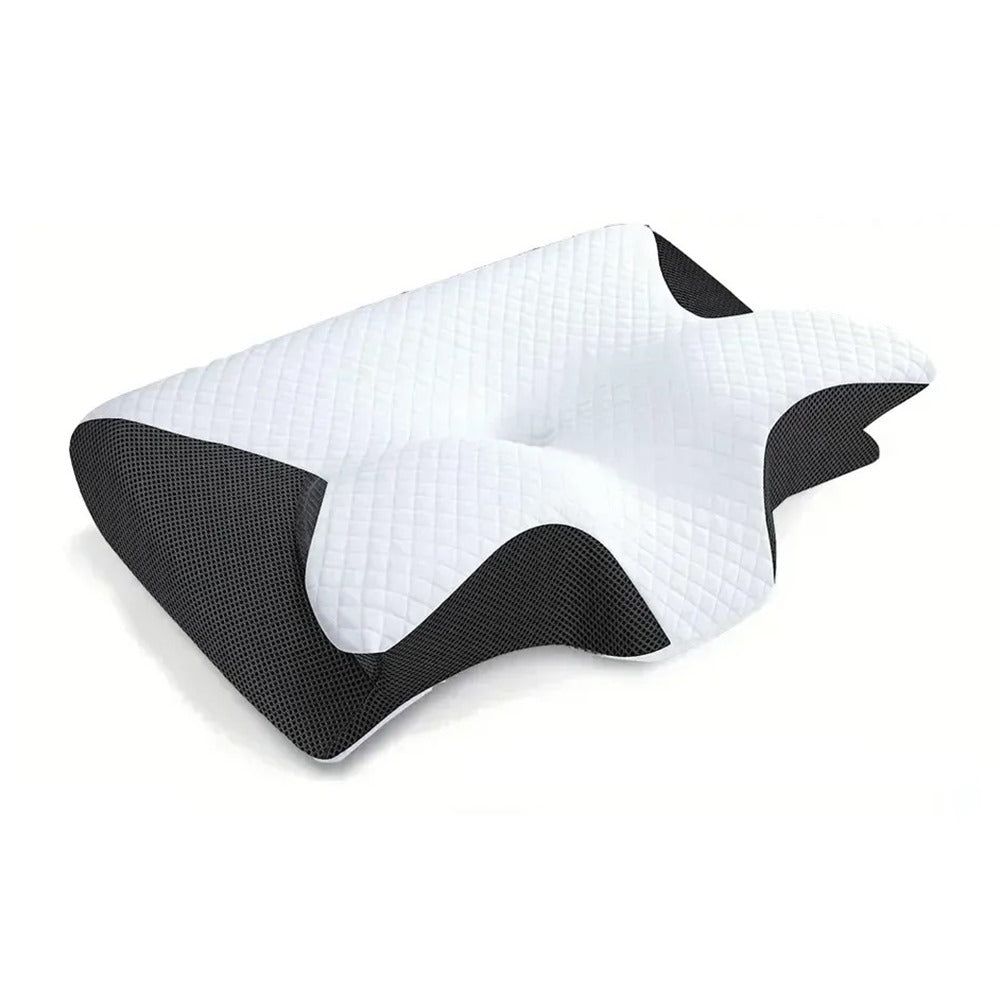 Oreiller cervical NeckCloud Blanc-Noir : dessus blanc, côtés noirs