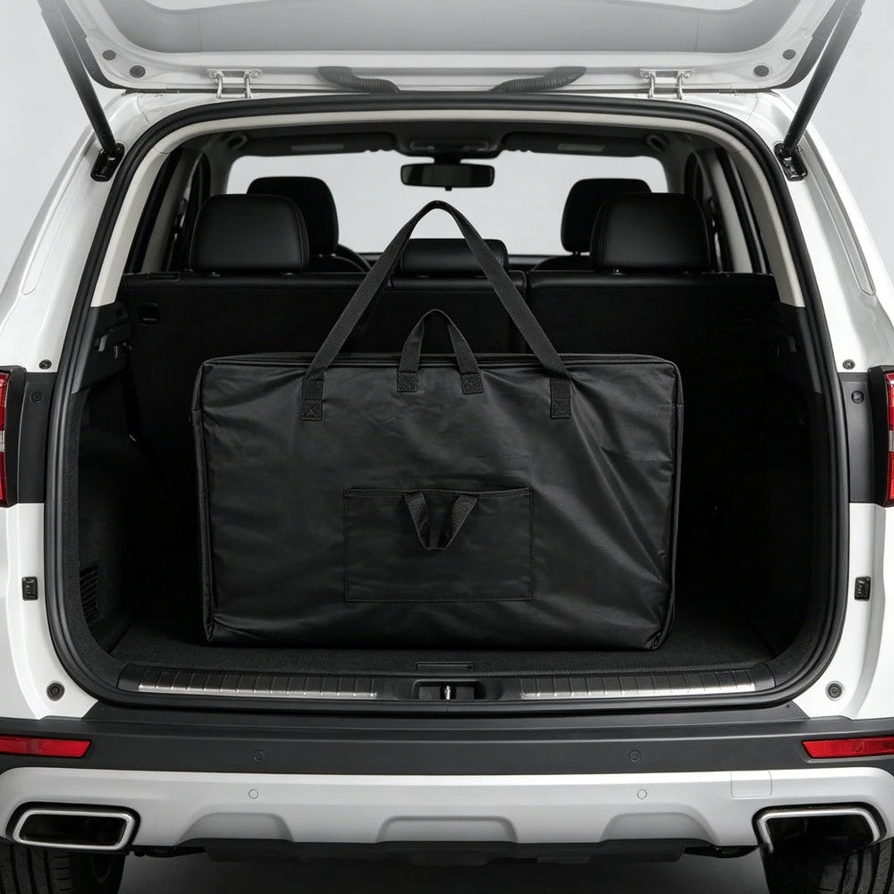 Sac de transport pour table de massage rangé dans un coffre de voiture