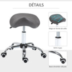 Détails du tabouret selle : assise en forme de selle, vérin à gaz, base chromée