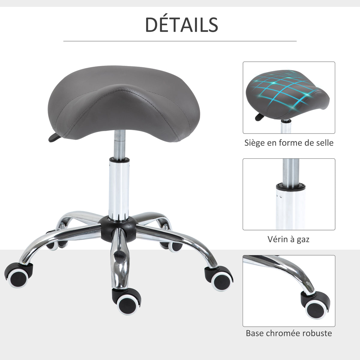 Détails du tabouret selle : assise en forme de selle, vérin à gaz, base chromée